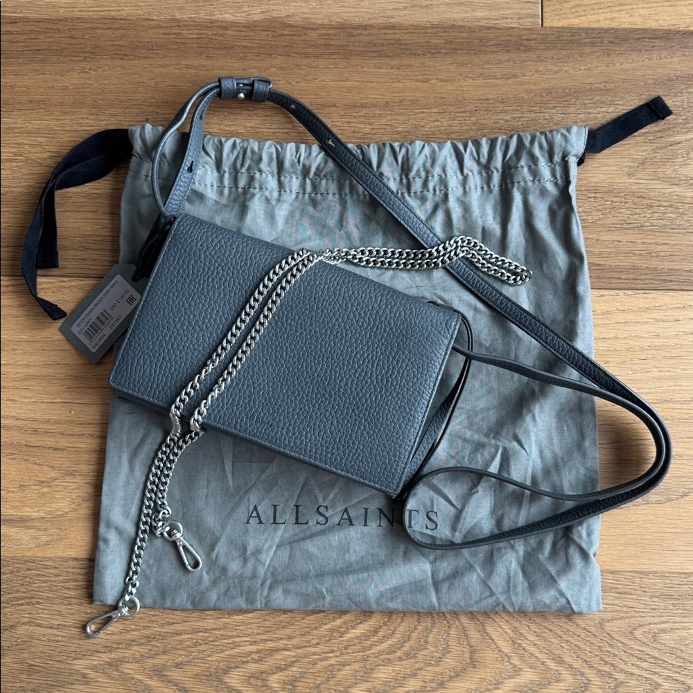 All Saints Charcoal Leather Crossbody Bag wallet on chain
